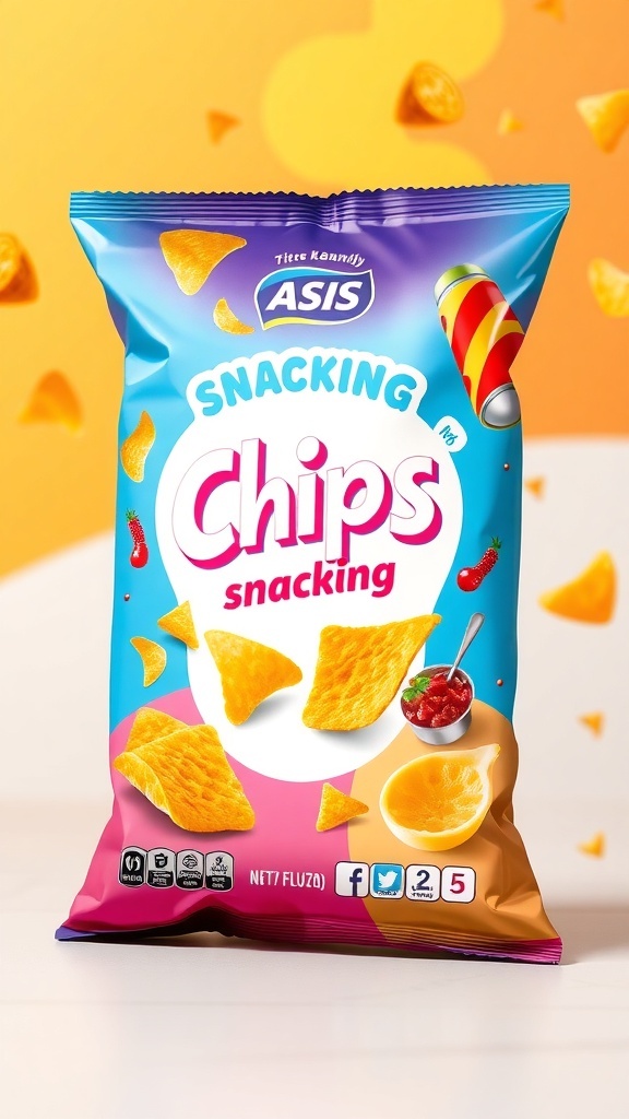 Colorful chips packaging design with playful graphics and brand logo, set against a vibrant background.
